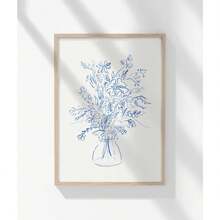1 幅蓝色花卉静物画-花束艺术印刷-波西米亚美学海报-细线花卉艺术帆布画（可选画框） - 彩色 - 查看 13
