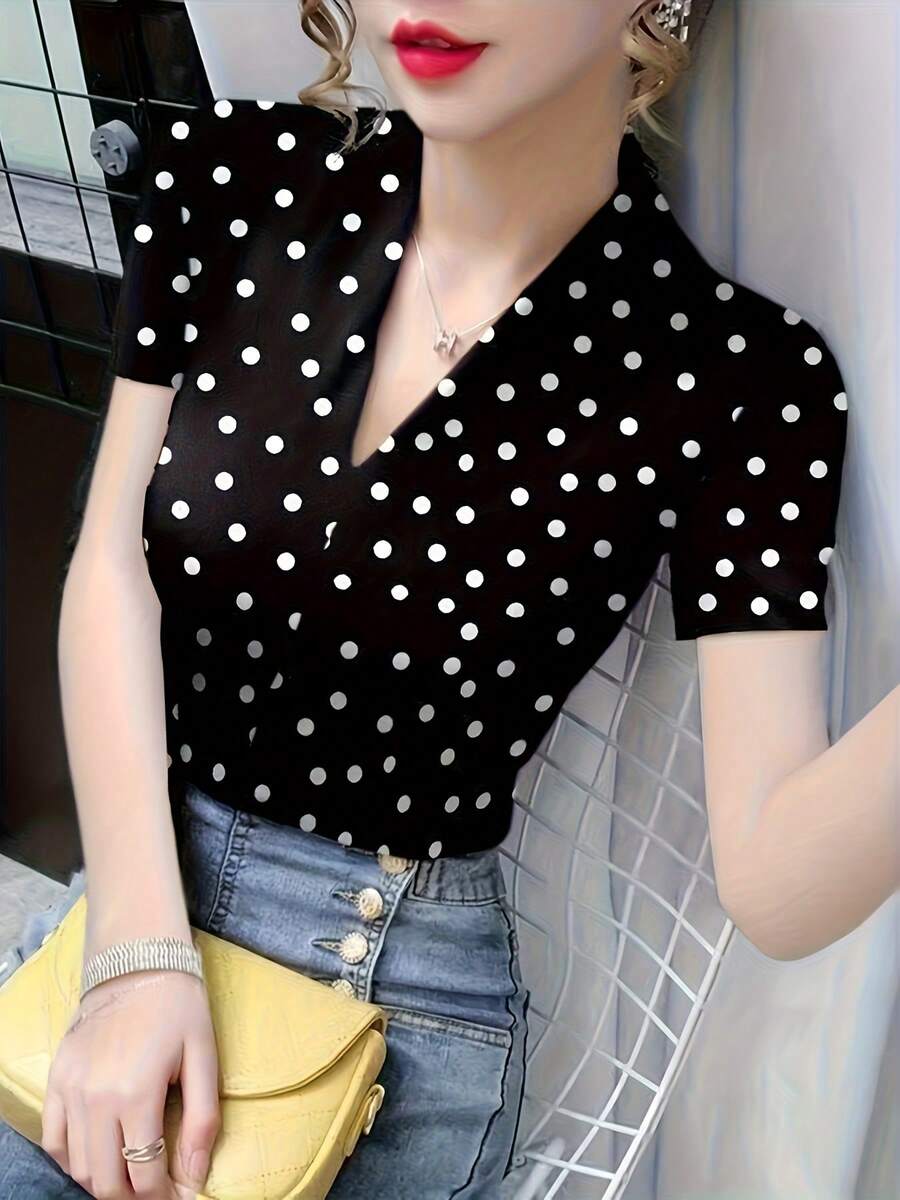 Maglietta a maniche corte con scollo a V, top elegante e alla moda da donna in seta sintetica, maglietta casual con stampa grafica aderente, abbigliamento da donna nero per vacanze estive - nero - Visualizzare 1