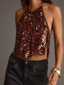 Women Sparkly Sequins Backless Halter Tops Tie-Up Sleeveless Crop Tank Vests Tops Summer Elegant Shirt Blouses For Club Party - gừng - Xem 4