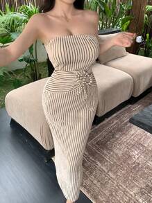 abyoxi Apricot Color Off Shoulder Waist Drawstring Tied Design Sexy Slim Fit Tube Top Midi Dress With Stripe Textured Fabric Casual Vacation Simple For Spring And Summer New Fashionable Women's Clothing