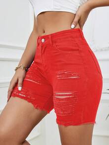 Women's New All-In-One Comfortable Fashion Ripped Shorts - Rose Red - View 3