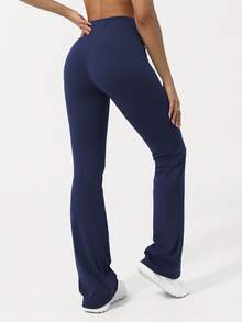 Sodalemon 女士V型提臀瑜伽健身喇叭裤，交叉腰带，运动、跑步、紧身裤 - 藏蓝色 - 查看 6