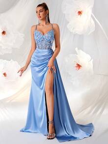 Elisanya Đầm dạ hội dự tiệc cổ chữ V thêu khoét sâu eo cao dài thướt tha buộc lưng hở cho nữ, trang trọng, dành cho khách dự tiệc cưới - Màu xanh nhạt - Xem 1
