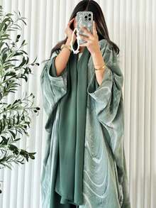 1pc Women's Floral Print Long Cardigan, Modest Elegant Middle Eastern Arabic Dubai Bohemian Abaya, Versatile For Daily Wear, Festivals & Parties - Dark Green - View 4