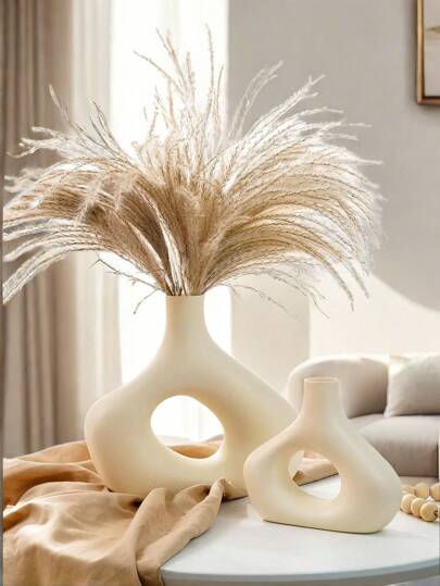 Zwart Beige Ceramic Vase Set Of Two Moderne Home Neutral Bohemian Round Donut Pampas Grass Vase, Nordic Aesthetic Living Room Coffee Tafel Fireproof Bookshelf Flower Glass view 6