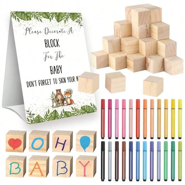 45/ 55/ 75 Pcs Baby Shower Decorate Block Games, Include 1 Sign 20/ 30/ 50 Pcs Small Wooden Blocks And 24 Pcs Markers Pens, Suitable For Baby Shower Games Gender Neutral, Party Favors Decor