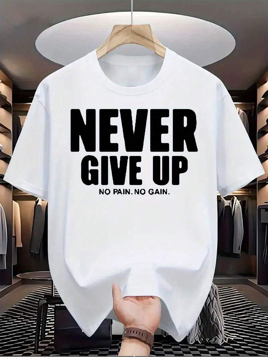 Popular Men's Short Sleeve Shirts Never Give Up Letter Pattern Print Casual Summer Tops, Men's Fashion Casual Round Neck Short Sleeve, Suitable For Daily Wear And Various Occasions. Roomy And Comfortable - 白色 - 查看 1