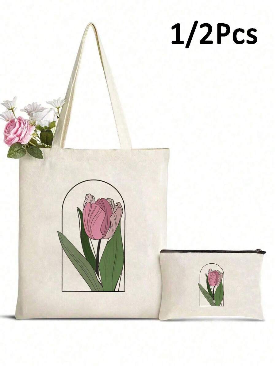 Bolso de tela con estampado de tulipanes para mujer, bolsa de compras reutilizable, plegable, de gran capacidad y estilo bohemio sencillo, adecuado para trabajo, viajes, compras, escuela, gran capacidad, portátil, apropiado para adolescentes, estudiantes universitarias y mujeres de oficina, muy adecuado para el trabajo, vuelta al colegio, escuela secundaria, universidad, vacaciones - Multicolor - Ver 1