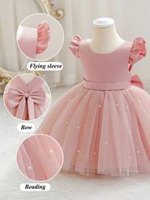 Baby Girls Cap Sleeve Bowknot Party Dress Princess Tulle Gown, Elegant For Birthday, Banquet, Party, Holiday Celebration Events