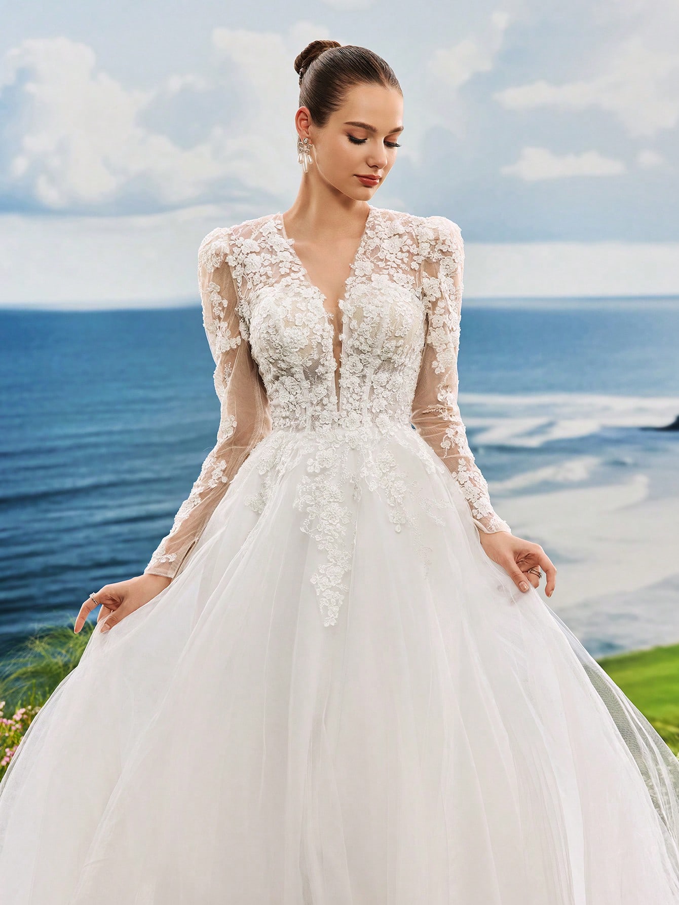 Elasola فستان زفاف أنيق طويل الأكمام بشكل A من الش...