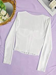 1pc Elegant Casual Solid Color Contrast Lace Cropped Top With Eyelash Trim, Slim Fit Stylish Blouse For Daily Wear