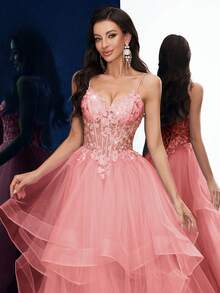 女士正式礼服优雅夏季晚礼服毕业生日派对舞会纯色贴花无袖层叠下摆及地长裙