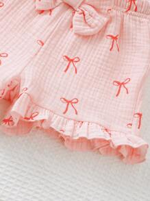 Baby Girls Bow Decor Sleeveless Printed Top + Bow Shorts 2pcs Set, Elegant And Cute Series, Essential Baby Summer Outfit