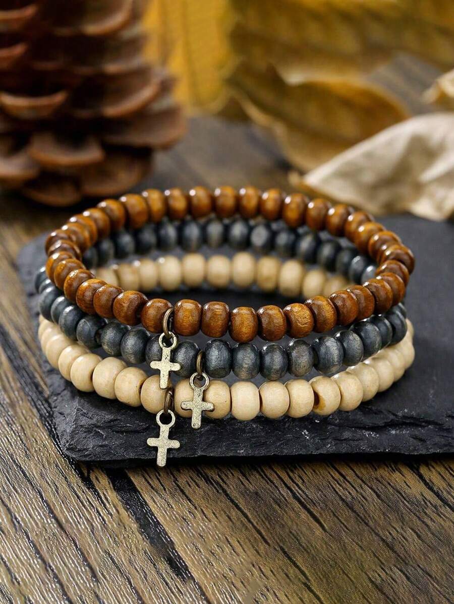 3pcs Men Retro Punk Style Coconut Slice, Cross Pendant Mixed Layers Bracelet Set, Versatile Fashion