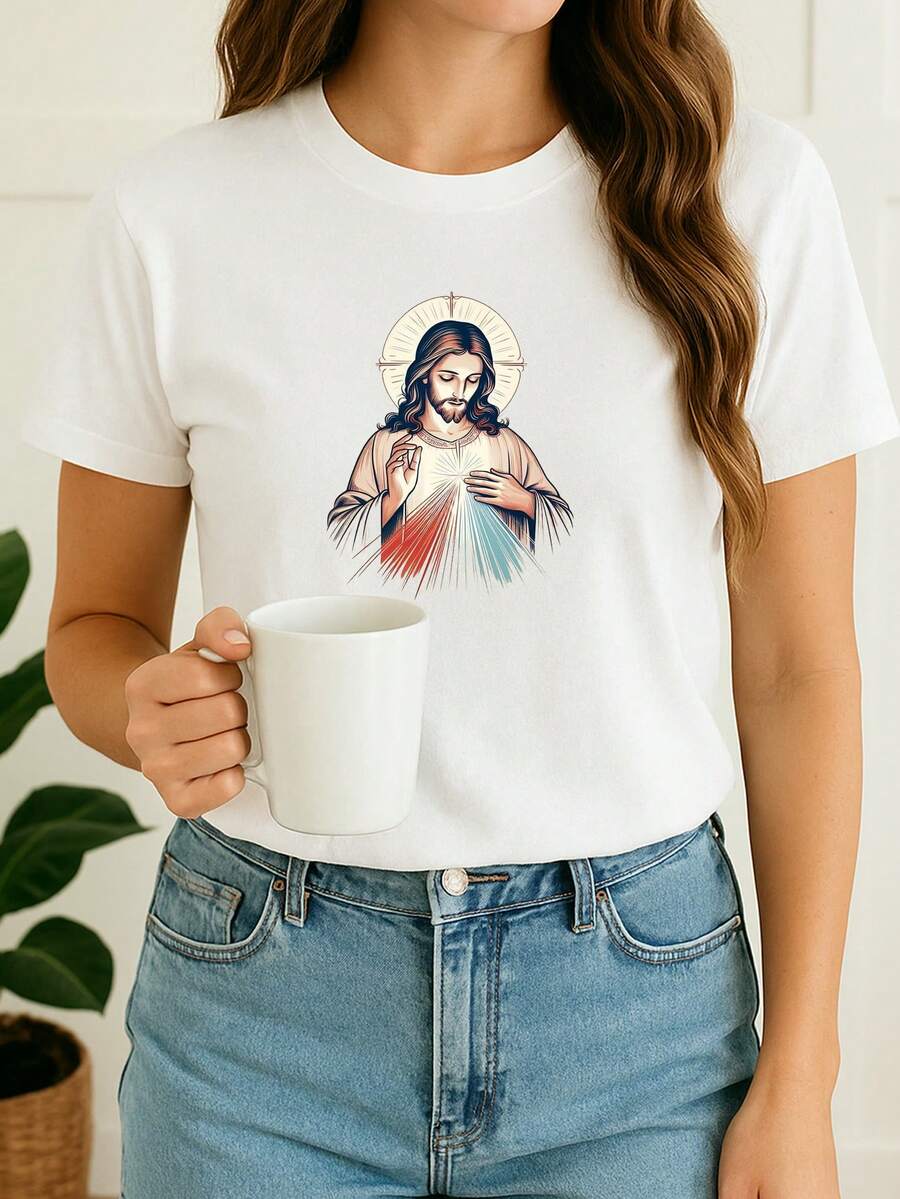 Women's Babylook Christ Image Catholic Religion T-Shirt 100% Cotton Various Colors - trắng - Xem 1
