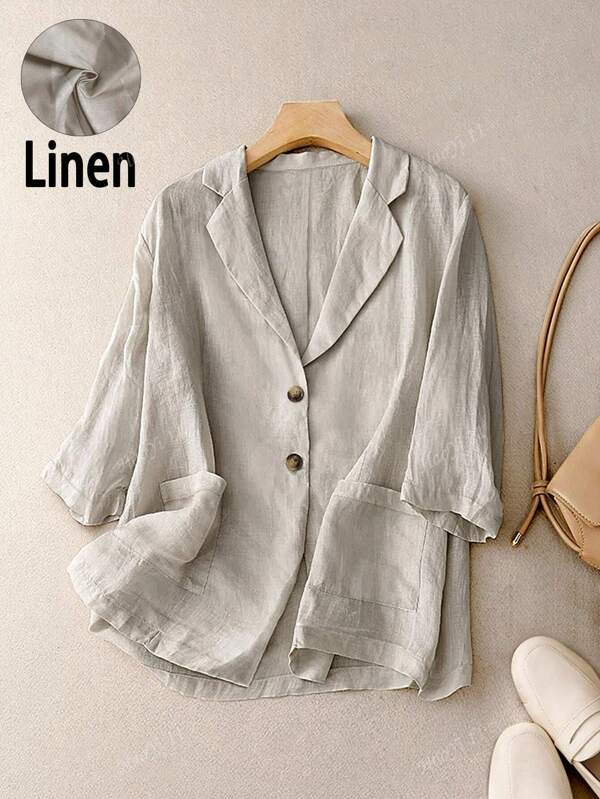 Women's Spring/Summer Casual Linen Blend 3/4 Sleeve Loose Fit Blazer With Large Pockets