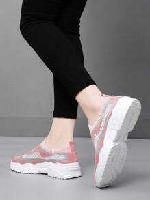 Women's Black & White Patterned Chunky Sneakers, Casual Slip-On Vintage Fashion Breathable Shoes, Easy Wear Without Lacing, Suitable For Outdoor Activities, Travel, Sports And Walking