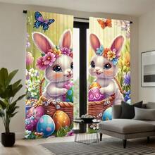 2 Sets Of Easter Bunny Theme Curtains To Add Decoration To Your Living Room, Dining Room, Bedroom, Office, Kitchen Or Study