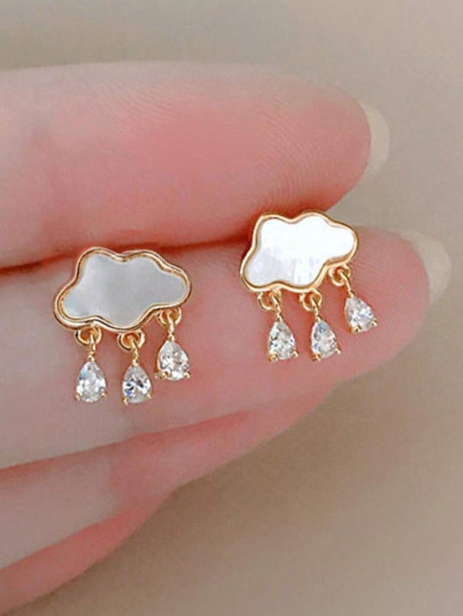 1 Pair Of Pearl Cloudburst Teardrop Zirconia Tassel Earrings For Women
