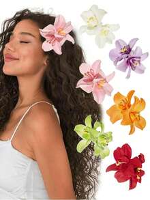 6个/3个/1个 6色人造花发夹，波西米亚风花朵发卡，夏威夷风发夹，适合海滩度假，波西米亚百合花发夹，夏威夷风花朵发夹，女士海滩度假派对波西米亚风发饰，女士，夏威夷派对，夏季派对DIY人造花发饰 - 彩色 - 查看 15