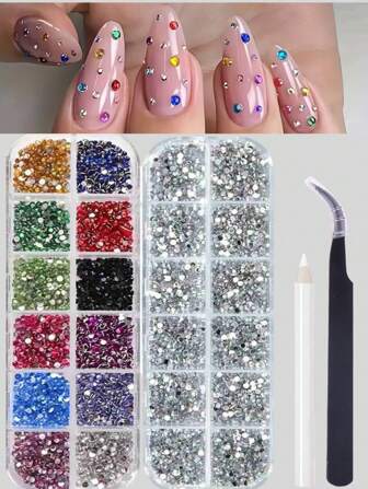 12-Grid Multi-Size 3D Nail Art Rhinestones - Vibrant Acrylic Gems & For DIY Manicure Decorations, Assorted Colors (Pink, Blue, Green, Red, Purple) - Perfect For Stunning Nail Designs, Nail Charms