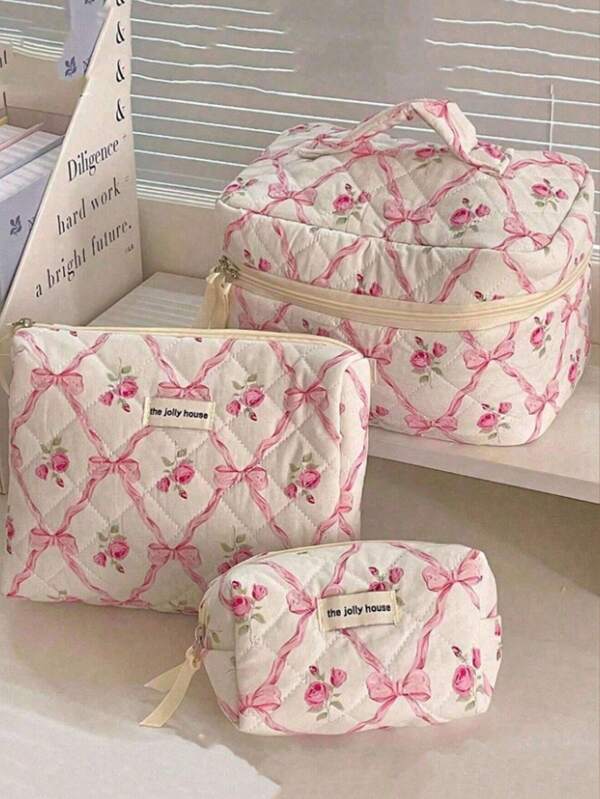 3pcs/1pc Quilted Bow & Rose Design Cosmetic Bag, Fashion Portable Makeup Pouch, Multi-Function Storage Bag, Large Capacity Cute Toiletry Bag, Travel Organizer, Mini Makeup Brush Bag, Printed Vanity Case, Assorted Styles, Fits Lipstick, Sanitary Pad, Coin, Keys, Cosmetics, Jewelry, Suitable For Home, Bedroom, Bathroom, Travel, Outdoor, Mom, Girl, Gift
