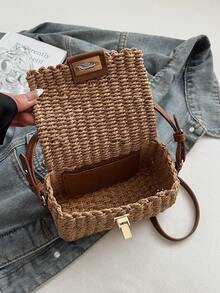 Fashionable Retro Personalized Straw Handbag, Versatile For Outings, Vacation, Beach, Woven Mini Square Crossbody Bag - Khaki - View 4