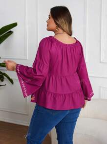 Plus Size Women Elegant Vacation Purple Bell Sleeve Graphic Print Round Neck/Off Shoulder Top Summer
