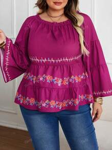 Plus Size Women Elegant Vacation Purple Bell Sleeve Graphic Print Round Neck/Off Shoulder Top Summer
