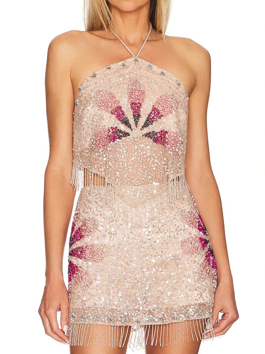 Women Sequins Halter Neck Cami Top Sleeveless Backless Flower Print Tops Tassels Summer Vest Shirts For Club Party - trắng - Xem 1