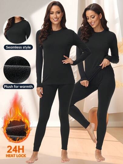 طقم ملابس داخلية حرارية من قطعتين للنساء، ملابس علوية بياقة طاقم وسراويل ضيقة ذات لون أحادي، مريحة وخالية من الغرز، مناسبة للخريف والشتاء