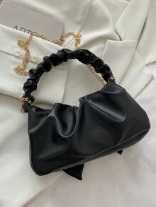 时尚新月褶皱手提包，饰以丝巾和蝴蝶结，女士休闲小包，配有金属链条肩带，可单肩背或斜挎，云朵造型，是送给她的完美情人节礼物，蝴蝶结钱包，最佳情人节礼物之选。 - 黑色 - 查看 6