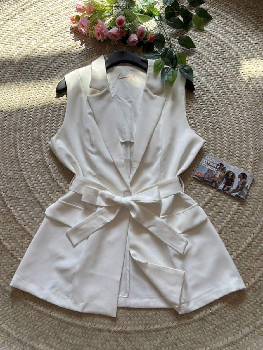 Women's Solid Color Vest With Belt - trắng - Xem 1
