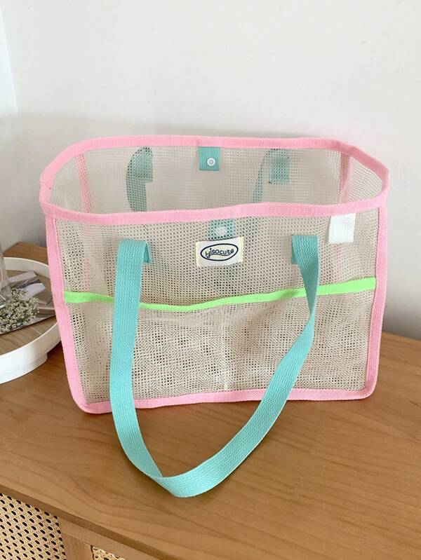 Ins Style Summer Net Tote Bag, Girl Travel Beach Bag, Waterproof Shower Bag, Large Student Shoulder Bag