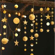 1 Set 4m Rose Gold/Gold Shiny Star Shaped Round Sequins Hanging Flag, Suitable For Birthday Decorations, Wedding, Graduation, Room Decor