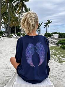 1 pezzo Maglietta casual a maniche corte con grafica a ali colorate, adatta per ragazze adolescenti, stile estivo per studenti e giovani - maglietta dal stile artistico che ispira immaginazione e auto-espressione - Blu Navy - Visualizzare 5