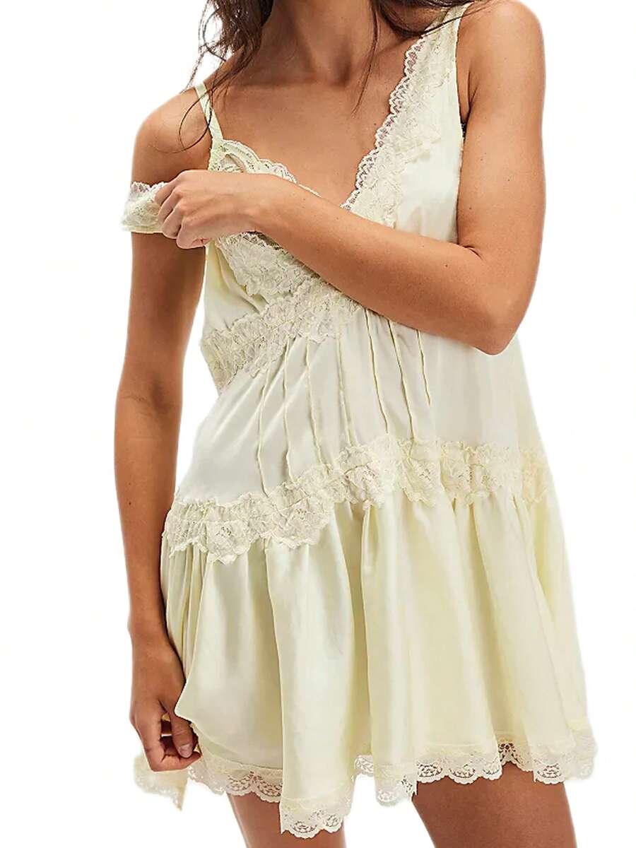 Womens Slip Lace Mini Dress Y2k 90s Vintage Aesthetic Summer Teen Girls Flowy Tiered Swing Dress Boho Coquette Drop Waist Short Dress - 黃色 - 查看 1