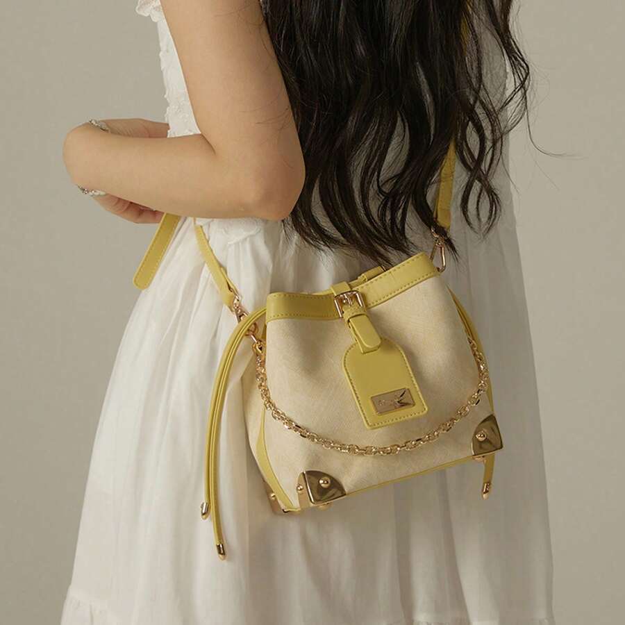New High-End Bucket Bag, Black And Brown Shoulder Crossbody Bag For Women, Essential Fashion Item With Fine Craftsmanship, Premium Feel, And Two-Tone Design - Yellow - View 1