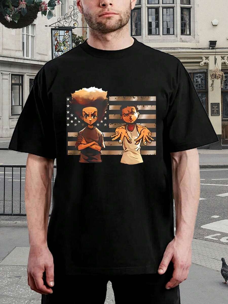 Camiseta de Boondocks - Huey Riley Freeman - Camiseta de manga corta para adulto - Diseño divertido de anime, original y genial - Regalo para fans - Algodón negro - Camiseta para hombre - Nostalgia de dibujos animados - Negro - Ver 1