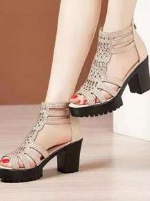 Women's Thick Heel Sandals, Open Toe Mid-Heeled Roman Style Slip-Resistant Soft Bottom Sandals, 2025 New Fashion Gold Rhinestone Decor Increased Height Ladies Sandals
