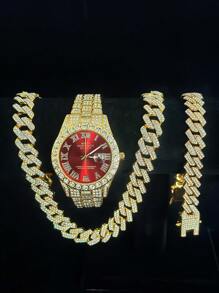 Conjunto de 3 piezas de reloj, collar y pulsera con Rhinestone, Reloj con correa de acero, calendario y caja de regalo para hombres y estudiantes, estilo hip-hop, conjunto de joyería de collar, pulsera y reloj de cumpleaños