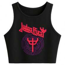 Playera / Camiseta/ Tank Top Judas Priest Simbol Rock Metal Poliester Spandex Premium Mujer Sin Mangas Cuello Redondo - Negro - Ver 4