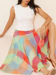 1pc Women's Casual Colorful Plaid Mid-Length A-Line Skirt, Suitable For Spring, Summer, Autumn, Daily Wear, Dating, Outing, Park, Party, Beach, Travel, Music Festival, Garden Party, Picnic - Multicolor - View 4