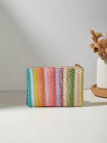 Fashionable Straw Woven Bow Makeup Bag & Coin Purse For Women Wallet Mini Wallet Purse Wallet Coin Wallet Wristlet Wallet Travel Wallet - Multicolor - View 3