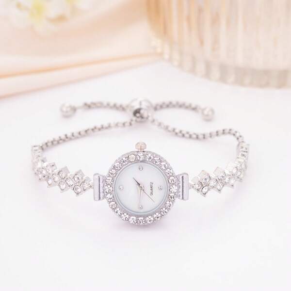 New Casual Fashion Women's Brace Watch Cute Round Small Watch Head With Rhinestone Crystal Luxury Rhinestone Watch Strap Women's Bracelet Watch Alloy Quartz Watch Gift