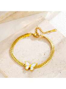 1 pièce Bracelet minimaliste en acier inoxydable avec chaîne coup de fouet et papillon coquille blanche, convient pour la tenue de tous les jours ou de travail des femmes