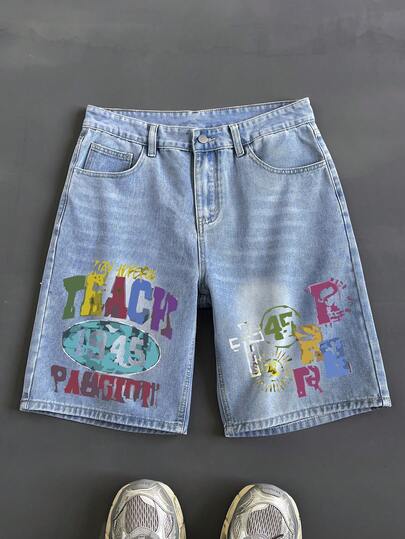 男士字母印花蓝色休闲牛仔短裤，宽松直筒牛仔七分裤，美式街头风格，舒适百搭，送给丈夫或男朋友的绝佳礼物