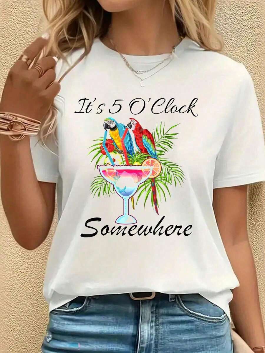 Parrots Drinking Margarita Shirt. It's 5 O'clock Somewhere-Shirt Printed-Shirt. Casual Round Neck Short Sleeved White-Shirt Summer Tops White Top Graphic Tees Women Art-Shirt Women - trắng - Xem 1