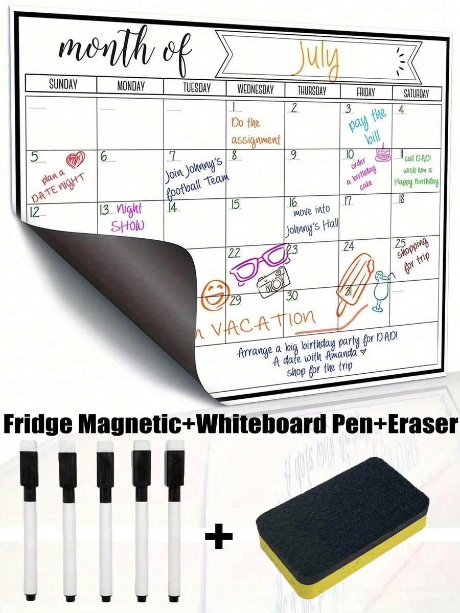 Magnetic Dry Erase Refrigerator Calendar, Magnetic Whiteboard Calendar, Monthly Family Planner Memo Menu Magnetic Calendar, Refrigerator Calendar, Magnetic Erasable Calendar, Kitchen Decor, Refrigerator Monthly Planner, Refrigerator Accessories, For Household Chores List And Menu Planning (Multiple Sizes) - Multicolor - View 1