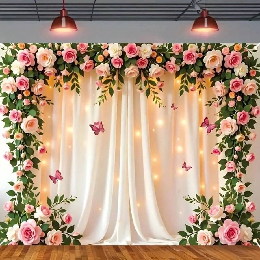 1 Elegant Golden Vine And White Flower Wedding Background - Made Of Polyester Fiber, Easy To Hang, Perfect For Home Decoration, Birthdays, Anniversaries, Multi-Functional Photography Banners, Suitable For Indoor/Outdoor Use, Event Backgrounds | Soft Hanging Fabric | Polyester Background, Wedding Decoration, The Best Choice For Christmas